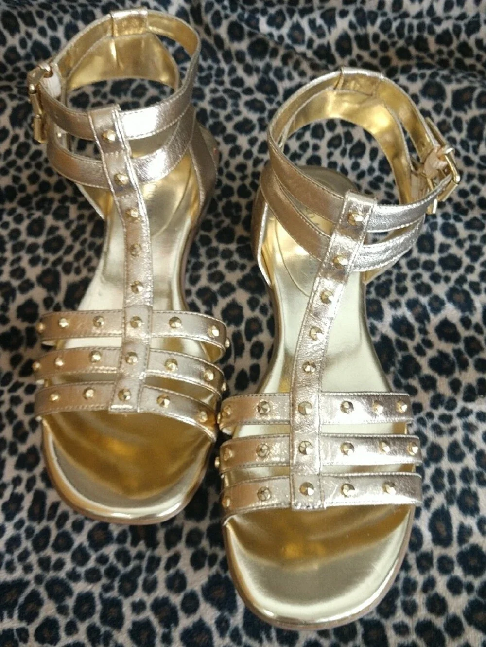 Enzo Angiolini Gold Studded T-Strap Flat Sandals